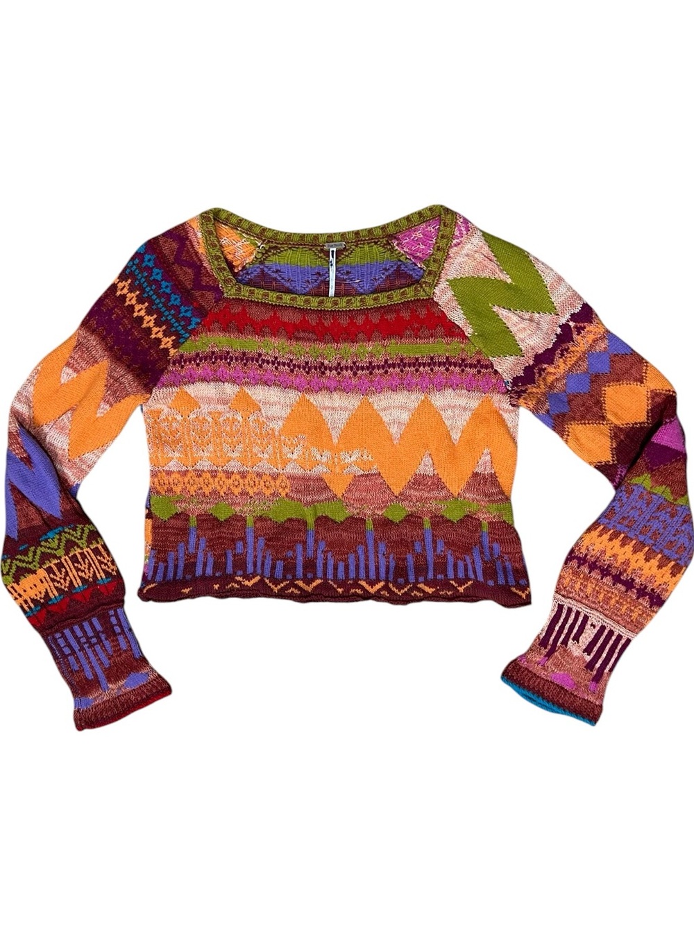 Free People Sz S Sweater Lydia Monochrome Pullover Patterned Patchwork Wool Boho - Picture 2 of 8